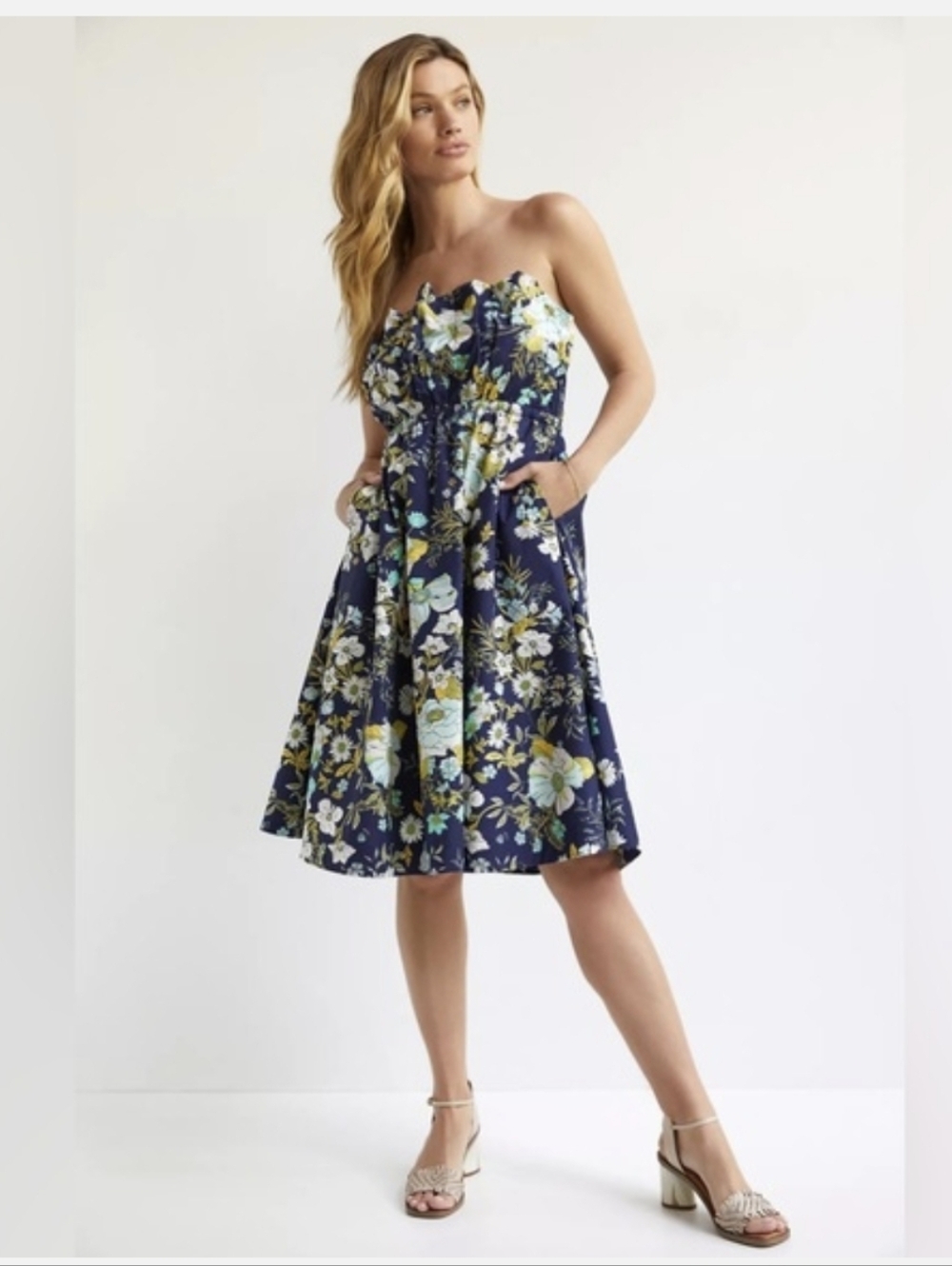 Anthropologie Strapless Ruffled Bodice Pleated Floral Dress Sz M Cottage Twee